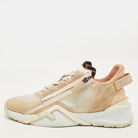 Fendi Flow Size 39.5 Beige/white Fabric And Suede Lace Up Sneakers